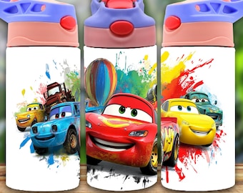 Cartoon Race Cars 12oz Tumbler Wrap: Kids Sippy Cup Design (PNG)