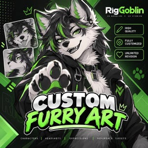 May include: Digital illustration of an anthropomorphic wolf character with black and white fur and neon green highlights, wearing a black jacket. The text reads RigGoblin, Custom Furry Art, High Quality, Fully Customized, and Unlimited Revision.
