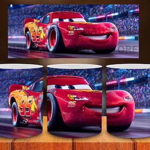 May include: White ceramic coffee mugs featuring Lightning McQueen from the Cars film. The mugs display the red race car with the number 95 and a smiling face. The background shows a race track and spectators.