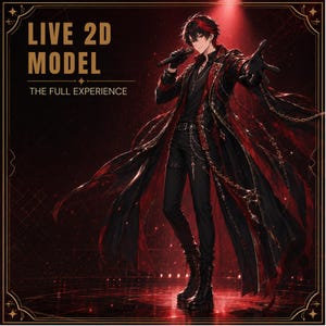 May include: A Live 2D Model digital illustration featuring a character with dark hair and red highlights, wearing a black and red long coat, black shirt, and black trousers. The character holds a microphone on a stage with the text LIVE 2D MODEL THE FULL EXPERIENCE.
