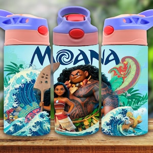May include: Three blue and pink water bottles with a Moana and Maui design. The bottles feature a blue and white wave pattern, a green tropical leaf design, and the text "Moana".