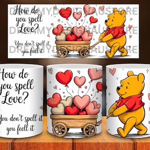 Pode incluir: Canecas de cerâmica branca com tema de Dia dos Namorados. Uma caneca apresenta o texto "How do you spell Love? You don't spell it, you feel it." As outras canecas têm um urso de desenho animado puxando uma carroça de balões em forma de coração.