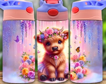 Highland Cow Tumbler Wrap: Kids Sippy Cup Sublimation PNG (Digital Download 8.58x5.13in)