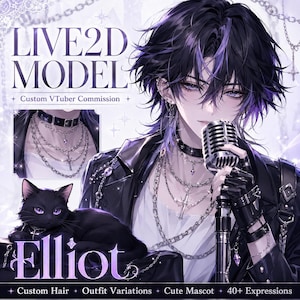Puede incluir: Un modelo Live2D para una comisión personalizada de VTuber que muestra un personaje con cabello oscuro y reflejos morados, vistiendo una chaqueta de cuero negra, collares de cadena plateados en capas y una gargantilla. Incluye un gato negro.