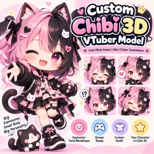 Pode incluir: Um personagem chibi 3D com cabelo dividido em rosa e preto, orelhas de gato e uma roupa preta e rosa. A imagem inclui o texto: Custom Chibi 3D VTuber Model, Cute VRoid Avatar, Mini VTuber Commission, Big Expressions Small Body Big Personality.
