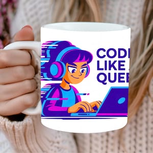 May include: White ceramic mug with a vibrant illustration of a person wearing headphones and coding on a laptop. The mug displays the text "CODE LIKE A QUEEN" in purple. The design incorporates blue, purple, and orange hues.