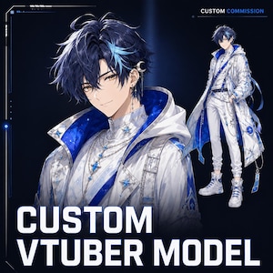 May include: A digital illustration of a character with dark blue hair and a blue streak, wearing a white and blue hooded coat with star-shaped accents, a high-neck shirt, and white pants. The text CUSTOM VTUBER MODEL is displayed at the bottom.