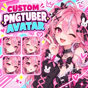 Puede incluir: Una ilustración digital de un personaje de anime con cabello rosa y accesorios en forma de corazón, que presenta el texto CUSTOM PNGTUBER AVATAR. La imagen incluye cuatro retratos cuadrados más pequeños con distintas expresiones faciales.