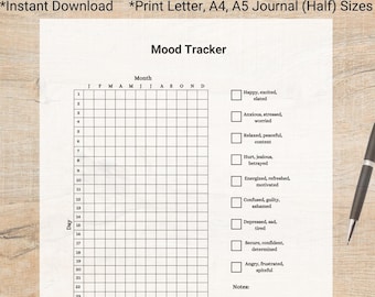 May include: A printable mood tracker journal with a grid for each day of the month and a list of mood descriptors to check off. The journal is designed to help track your mood and emotions.