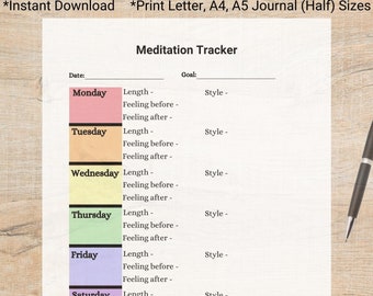 Puede incluir: Un rastreador de meditación imprimible con un diseño de calendario semanal colorido. El rastreador incluye secciones para la fecha, el objetivo, la duración de la meditación, el estilo de meditación y los sentimientos antes y después de la meditación.