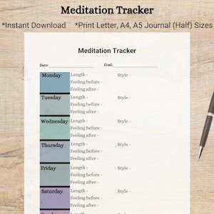 Meditation Tracker Printable: Self-Care Journal (Digital Download)