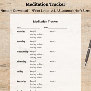 Meditation Tracker Printable: Daily Reflection, Self-Care (Digital Download)