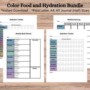 WITH FREE GIFT - Food and Hydration Bundle with Color – Easy meal planning, grocery list, reminder to drink water, food log, printable pack