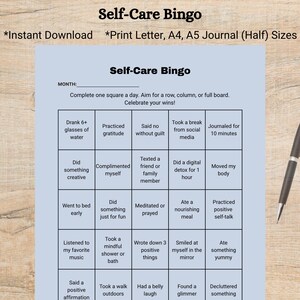 AVEC CADEAU GRATUIT - Carte imprimable de bingo sur les soins personnels, rose et bleu, pdf de suivi du bien-être sur 25 jours, bingo pleine conscience, motivation quotidienne, travail amusant
