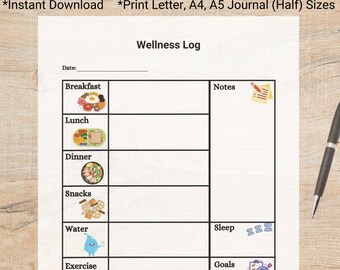 Wellness Log Printable: Food, Sleep, Mood Tracker (Digital Download)
