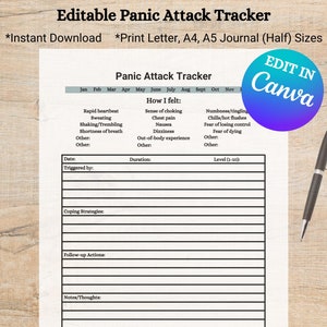 Könnte beinhalten: Druckbarer Panikattacken-Tracker-Tagebuch mit einem schwarz-weißen Design. Das Tagebuch enthält Abschnitte für Datum, Auslöser, Bewältigungsstrategien, Folgemaßnahmen und Notizen/Gedanken. Das Tagebuch enthält auch einen Abschnitt für die Beschreibung Ihrer Gefühle während der Panikattacke, mit Optionen für Herzrasen, Schweißausbrüche, Zittern/Zucken, Kurzatmigkeit, Erstickungsgefühl, Brustschmerzen, Übelkeit, Schwindel, Außerkörperliche Erfahrungen, Taubheit/Kribbeln, Schüttelfrost/Hitzewallungen, Angst vor Kontrollverlust und Todesangst.