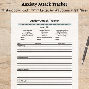 Może przedstawiać: Drukowany dziennik śledzenia ataków lęku z sekcjami na datę, wyzwalacz, czas trwania, poziom, strategie radzenia sobie, działania następcze i notatki. Dziennik zawiera kalendarz do śledzenia ataków przez cały rok.