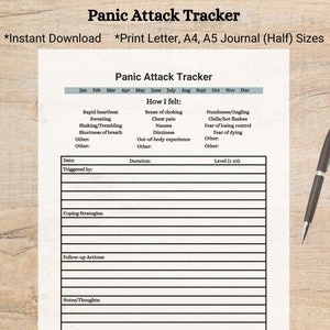 May include: Printable panic attack tracker journal with sections for date, trigger, duration, level, coping strategies, follow-up actions, and notes. The journal includes a calendar for tracking attacks throughout the year.