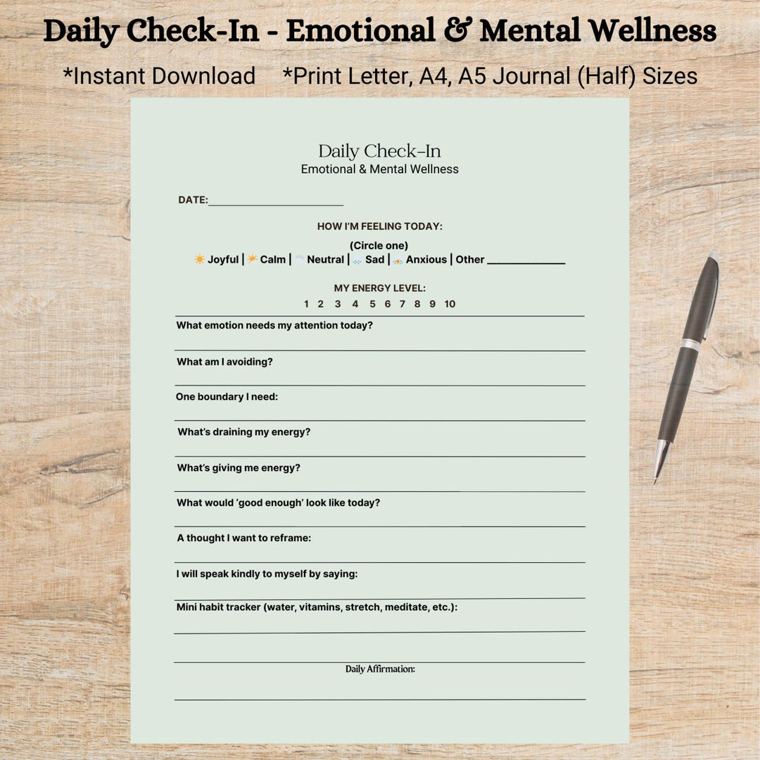 Emotional Wellness Daily Check-in Printable | Mental Health Journal ...