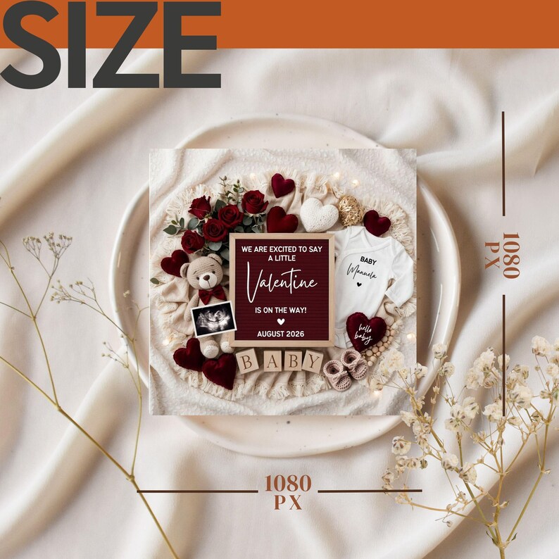 May include: A baby announcement featuring a white onesie, ultrasound image, teddy bear, and red hearts. A letter board reads "We are excited to say a little Valentine is on the way! August 2026."