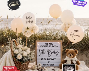Summer Pregnancy Announcement, Beach Pregnancy Announcement Digital, Social Media Gender Neutral Reveal Editable Template Spring Baby Reveal