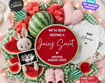 Summer Baby Announcement, Watermelon Pregnancy Announcement Digital, Social Media Gender Neutral Reveal Editable Template Summer Baby Reveal