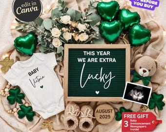 St Patricks Day Digital Pregnancy Reveal, Baby Announcement, Extra Lucky Theme, Social Media Post, Green Editable Template, Baby Reveal