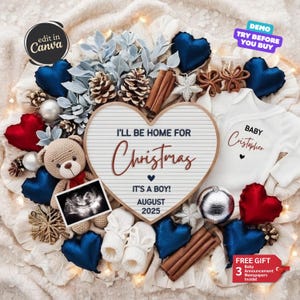 Christmas Baby Boy Announcement, Holiday Pregnancy Announcement Digital, Its a Boy Baby Gender Reveal Editable Template, Baby Little Brother