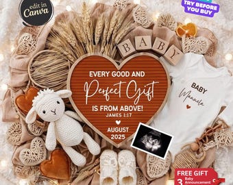 May include: A brown heart-shaped letter board with the text "Every good and Perfect Gift is from above! James 1:17" and "August 2025". A white onesie with the text "Baby Manuela" and a small ultrasound image are included in the image. The image also includes a crocheted lamb, a pair of white baby booties, and a small wooden block that says "Baby".