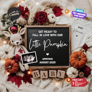 Fall in Love Baby Announcement, Thanksgiving Baby Reveal Autumn Pregnancy Announcement Digital Editable Social Media Gender Neutral November