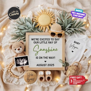 Summer Baby Announcement Digital, Gender Neutral Baby Reveal, Pregnancy Announcement, Editable Social Media Template, Teddy Bear, Sunshine