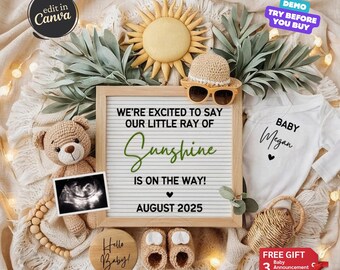Summer Baby Announcement Digital, Gender Neutral Baby Reveal, Pregnancy Announcement, Editable Social Media Template, Teddy Bear, Sunshine