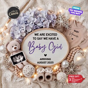 Baby Girl Pregnancy Announcement, Its a Girl Baby Gender Reveal Little Sister Baby Announcement Floral Baby Reveal Editable Template Summer