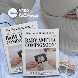 New Baby Announcement Newspaper Template, Printable Large Pregnancy Announcement Newspaper, Editable Baby Reveal Canva Template, Baby Shower