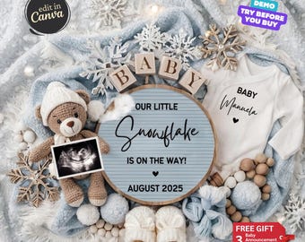 Winter Pregnancy Announcement, Digital Baby Announcement, December Baby Reveal Editable Social Media Gender Reveal Template Little Snowflake