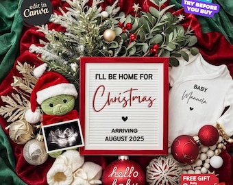 Ich werde zu Weihnachten zu Hause sein Schwangerschaftsankündigung, Weihnachtsbabyankündigung, Feiertags-Baby-Gender Reveal Digital Canva Vorlage im Dezember fällig