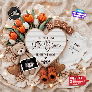 Puede incluir: Un anuncio en forma de corazón con el texto "The Sweetest Little Bloom Is On The Way!" y "August 2025". La imagen incluye un osito de peluche, patucos de bebé, un body y una foto de ultrasonido, rodeados de flores y bloques de madera con la palabra "BABY".