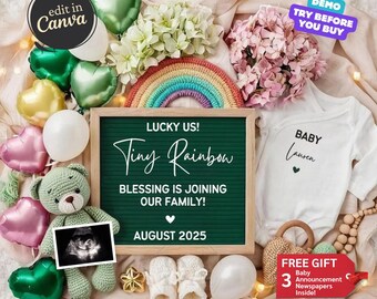 May include: A green chalkboard with the text "LUCKY US! Tiny Rainbow BLESSING IS JOINING OUR FAMILY! AUGUST 2025"  surrounded by a rainbow, a teddy bear, balloons, and baby booties.