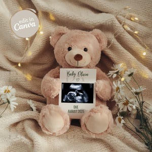 Simple Minimalist Floral Pregnancy Announcement, Digital Modern Baby Announce, Neutral Gender Reveal Social Media Template, Boho Teddy Bear
