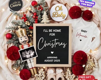 Ich werde zu Weihnachten zu Hause sein Digitale Schwangerschaftsankündigung, Feiertags-Baby-Enthüllung, Baby-Gender-Ankündigung bearbeitbare Vorlage, fällig im Dezember