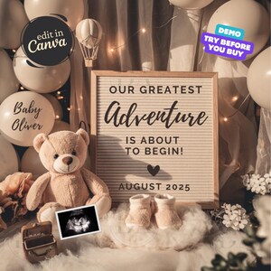 Boho Pregnancy Announcement Digital, Baby Announcement, Bohemian Gender Neutral Image Bear Template, Editable Social Media Ultrasound Reveal