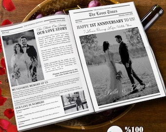 Canva-sjabloon voor paar jubileum krant, 1-jarig jubileumcadeau voor vriend en vriendin, afdrukbare krant 1-jarig jubileum