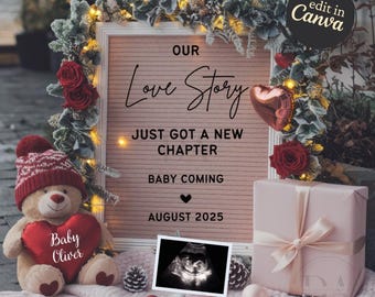 Valentines Day Pregnancy Announcement Digital, Baby Announcement Editable Template for Social Media February Boho Gender Neutral Baby Reveal