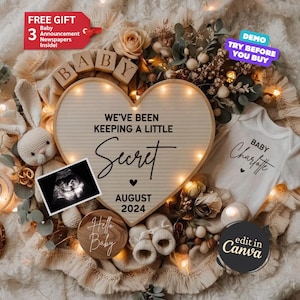 Pregnancy Announcement Template, Digital Pregnancy Announcement, Baby Announcement, Boho Baby Reveal, Editable Social Media Reveal, Secret