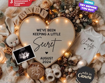 Pregnancy Announcement Template, Digital Pregnancy Announcement, Baby Announcement, Boho Baby Reveal, Editable Social Media Reveal, Secret