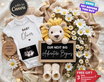 Peut inclure: Une annonce de naissance avec un body blanc sur lequel est inscrit "BABY Oliver" et une pancarte en bois sur laquelle est écrit "OUR NEXT BIG ADVENTURE BEGINS". On peut également voir un lion en crochet, un collier de perles en bois, une échographie de bébé et une paire de chaussons pour bébé.