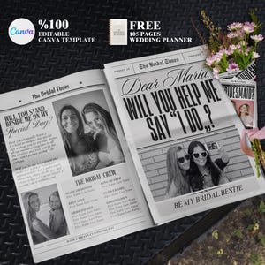Modelo de jornal para proposta de madrinha de casamento Canva, embrulho de buquê de flores editável, cartão para impressão "Você será minha madrinha de casamento", presente para madrinha de casamento
