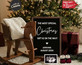 Annuncio di nascita di Natale minimale, modello digitale modificabile invernale per la presentazione del bambino, modello Canva per la presentazione di gravidanza accogliente, presentazione di Natale per la gravidanza moderna