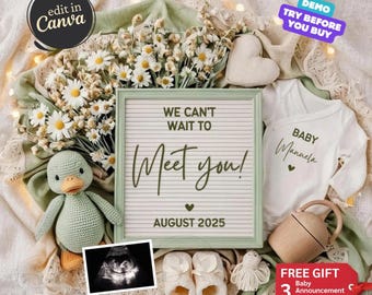 Anuncio de embarazo neutro, anuncio digital de bebé, ideas para revelar el embarazo en primavera, plantilla de Instagram de descarga instantánea, revelación verde