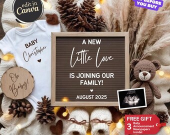 May include: A brown letter board with the text "A New Little Love Is Joining Our Family! August 2025" surrounded by a white onesie with the text "Baby Christopher", a wooden sign that says "Oh Baby!" and a brown teddy bear. There are also brown pine cones, white booties, and a string of lights.